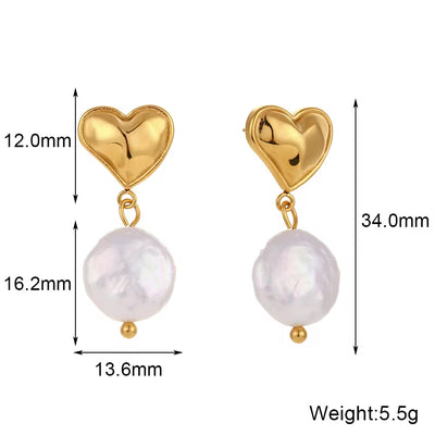 Valentines Earrings Fresh Water Pearl Heart Earring 18K Gold Plated Stainless Steel Couple Jewelry