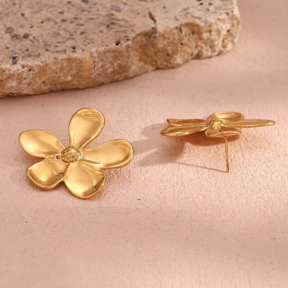 Glossy PVD Gold Plated Flower Earrings Tarnish Free Jewelry Waterproof Stainless Steel Stud Earrings