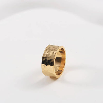 High End 18K Plain Gold Irregular Hammered Band Rings Stainless Steel Trendy Simple Gold Plated Jewelry