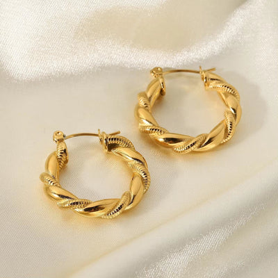 18K Gold Plated Circle Jewelry Croissant Double Twist Stainless Steel Hoop Earrings for Women