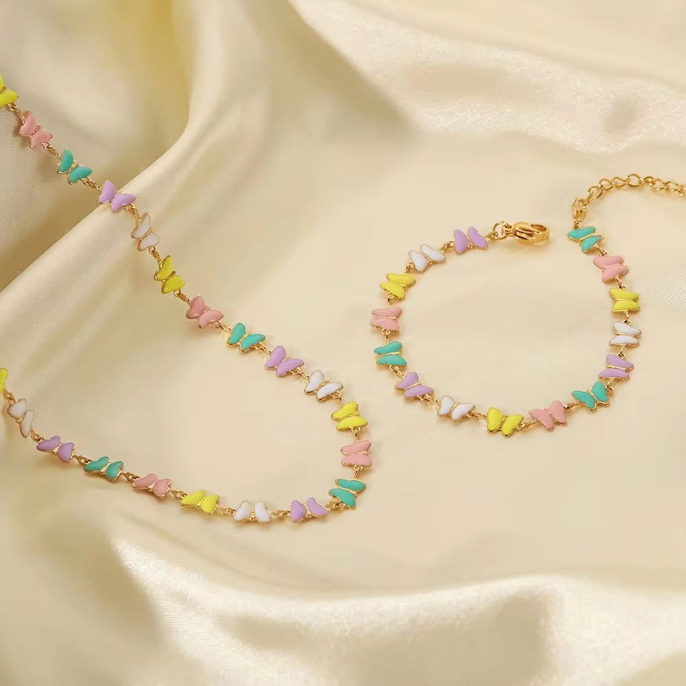 18K Gold Stainless Steel Dripping Oil Bracelets Colorful Enamel Butterfly Choker Necklace Set