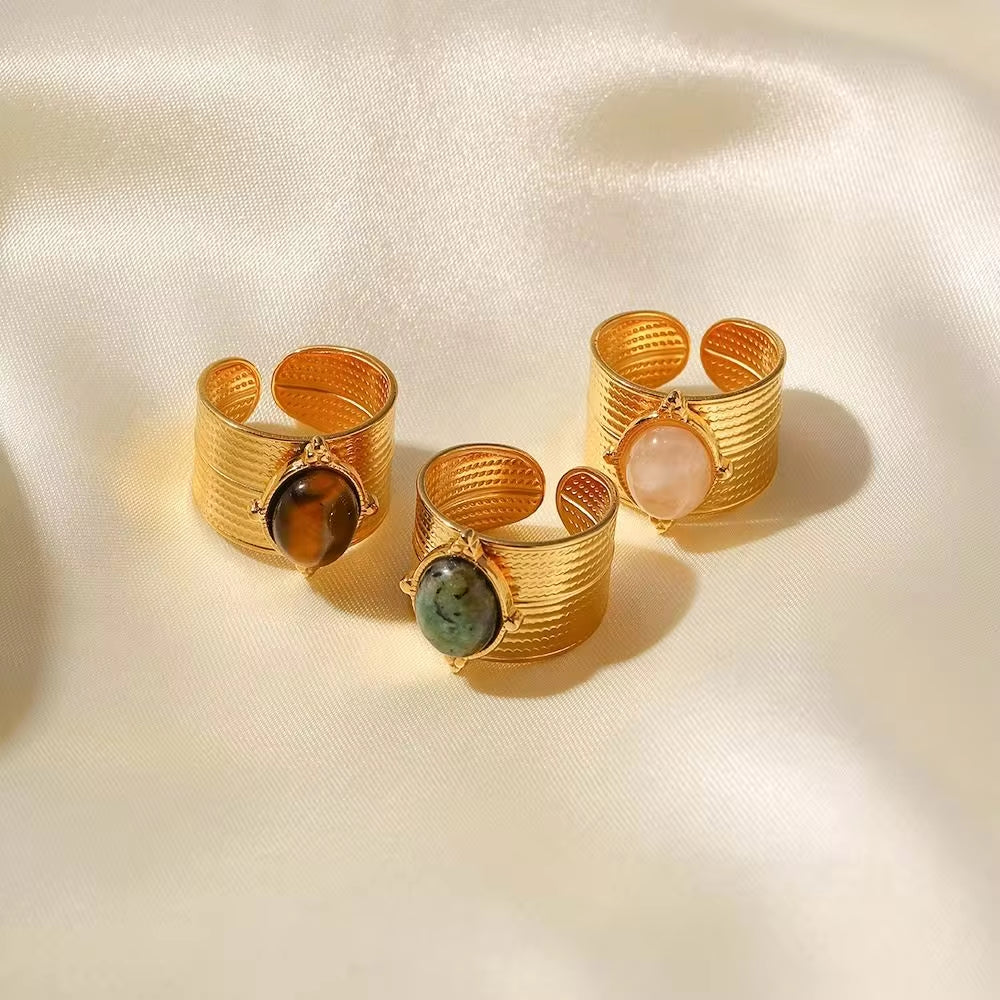 18K Gold Plated Stainless Steel Wide Cyclic Surface Natural Stone Adjustable Rings Hip Hop Unisex