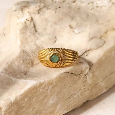 18K Gold Plated Stainless Steel Wide Chunky Natural Green Stone Sun Shape Rings Punk Style Unisex