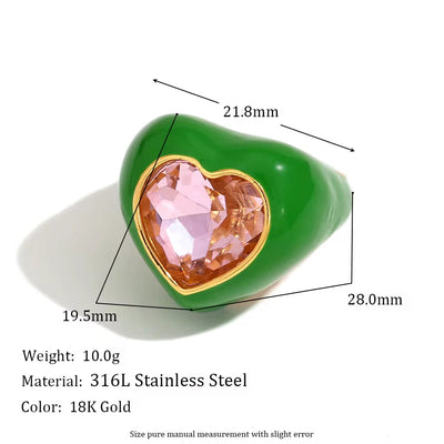 Chunky Colorful Enamel Y2K Heart Jewelry Shining Zircon Rings Set Gold Plated Stainless Steel Jewelry