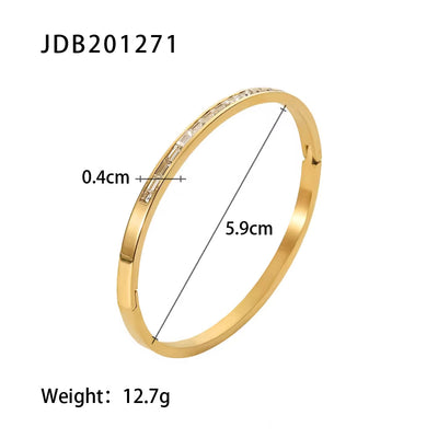 Waterproof Simple Stainless Steel Oval Cubic Zircon Gold Open Cuff Bracelet Bangle for Girls