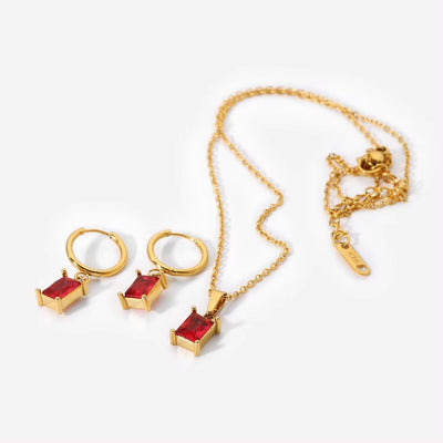 New Trendy 18K Gold Plated Stainless Steel Jewelry Mini Rectangle Red Zircon Earrings Pendant Necklace Set for Women