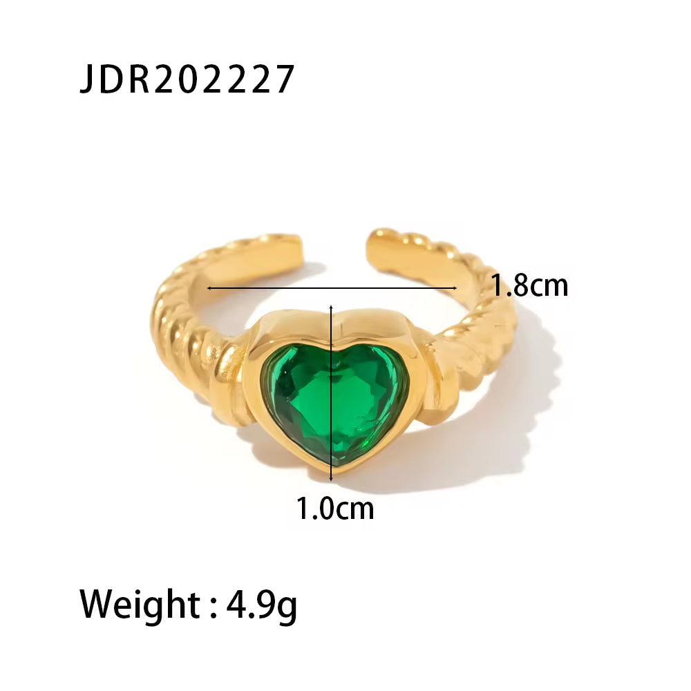 18K Gold Plated Stainless Steel Uneven Surface Heart Shape Green Cubic Zirconia Opening Rings