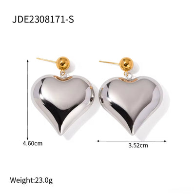 Waterproof Heart Pendant Earring 18K Gold Plated PVD Stainless Steel Smooth Chunky Love Drop Earring