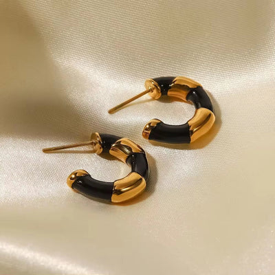 18K Gold Plated Stainless Steel Enameled Contrast Circle Color Trendy Hoop Earring Black and White