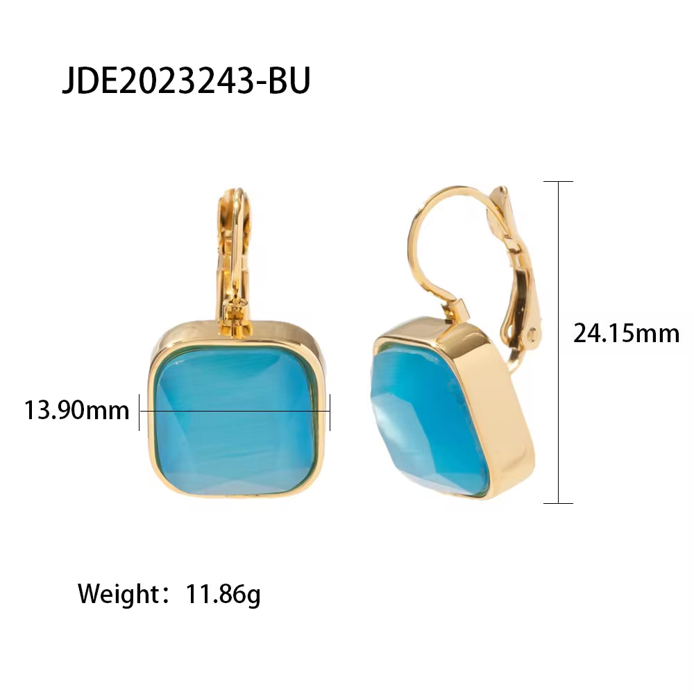 18K Gold Plated Stainless Steel Square Color Opal Cat'S Eye Stone Classic Pendant Earrings for Women