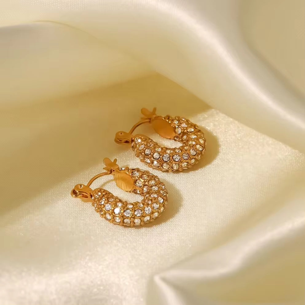 18K Gold Plated Stainless Steel Dainty Hammered Surface White Cubic Zircon Hoop Earrings for Gift