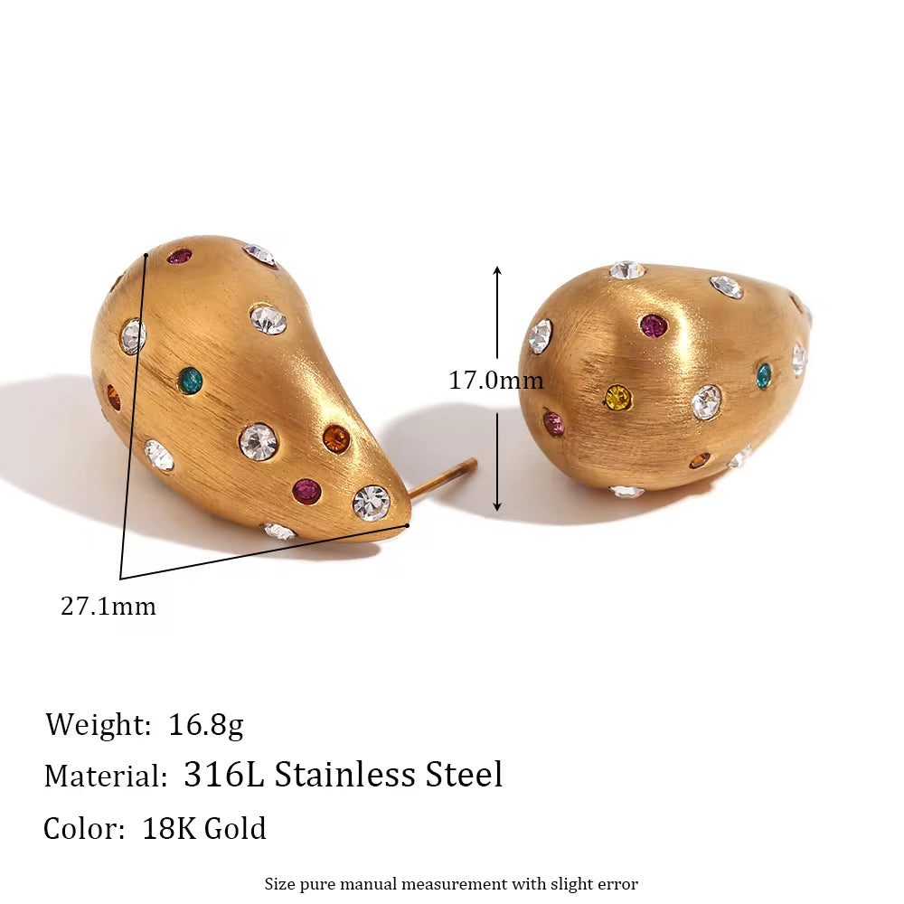 Matte Water Drop Stud Earrings Colorful Zircon Jewelry Gold Plated Pearl Earring Stainless Steel Jewelry