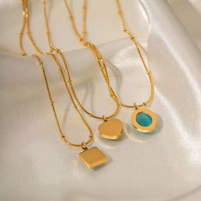 Charm 18K Gold Plated Stainless Steel Jewelry Gift Blue Cat Eye Natural Stone Oval Pendant Necklace Set