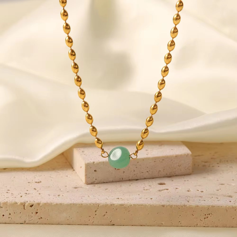 Stainless Steel 18K Gold Plated Jewelry Green Natural Stone Oval Golden Bead Necklace for Women