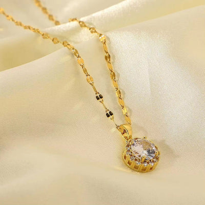 18K Real Gold Plated Waterproof Jewelry Stainless Steel White Circle Cubic Zircon Pendant Necklace for Women