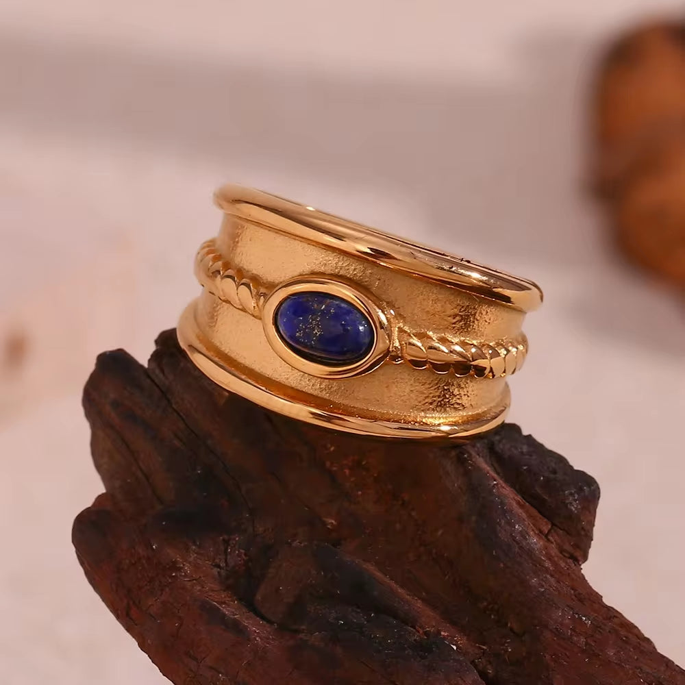 Vintage Engraved Natural Stone Statement Ring 18K Gold Plated Stainless Steel Signet Ring