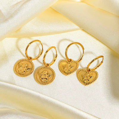 18K Gold Plated Stainless Steel Jewelry Sets Embossed Angel Drop Earrings Rings Pendant Necklace