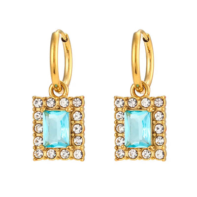 Custom Jewelry Tarnish Free Shining Summer Jewelry Square Zircon Drop Earring Stainless Steel Gold Plated Jewelry