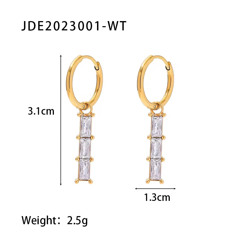 18K Gold Plated Stainless Steel White Cubic Zirconia Bamboo Design Pendant Dainty Hoop Earrings