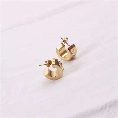 Hyperbole Half round Chunky Stud Earring 18K Gold Plated Stainless Steel Pearl Inlay Double Layer C Shape Hoop Earring