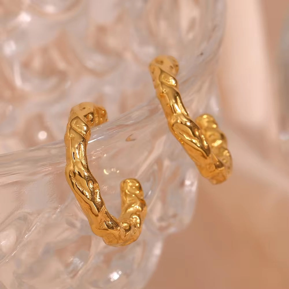 Ins Hot Hammered Texture Hoop Earring 18K Gold Plated Stainless Steel Statement Earrings Women Jewelry