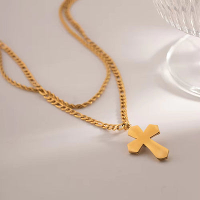 Waterproof 18K Gold Plated Stainless Steel Jewelry Gift Charm Cross Texture Layered Hammer Pendant Necklace for Women