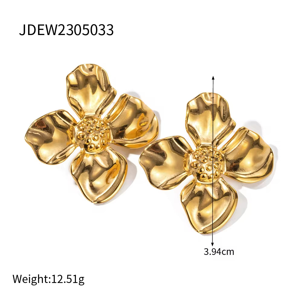 INS 18K Gold Plated Stainless Steel Flower Pendant Jewelry Gift Exaggerated Double Floral Drop Earrings