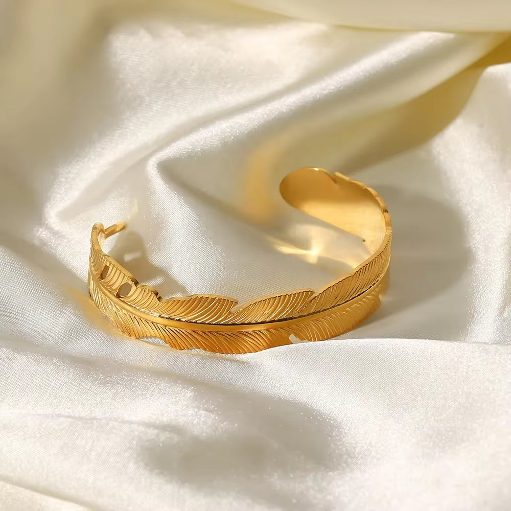 18K Gold Plated Wide Feather Design Palm Frond Stainless Steel Minimalism Opening Bangles