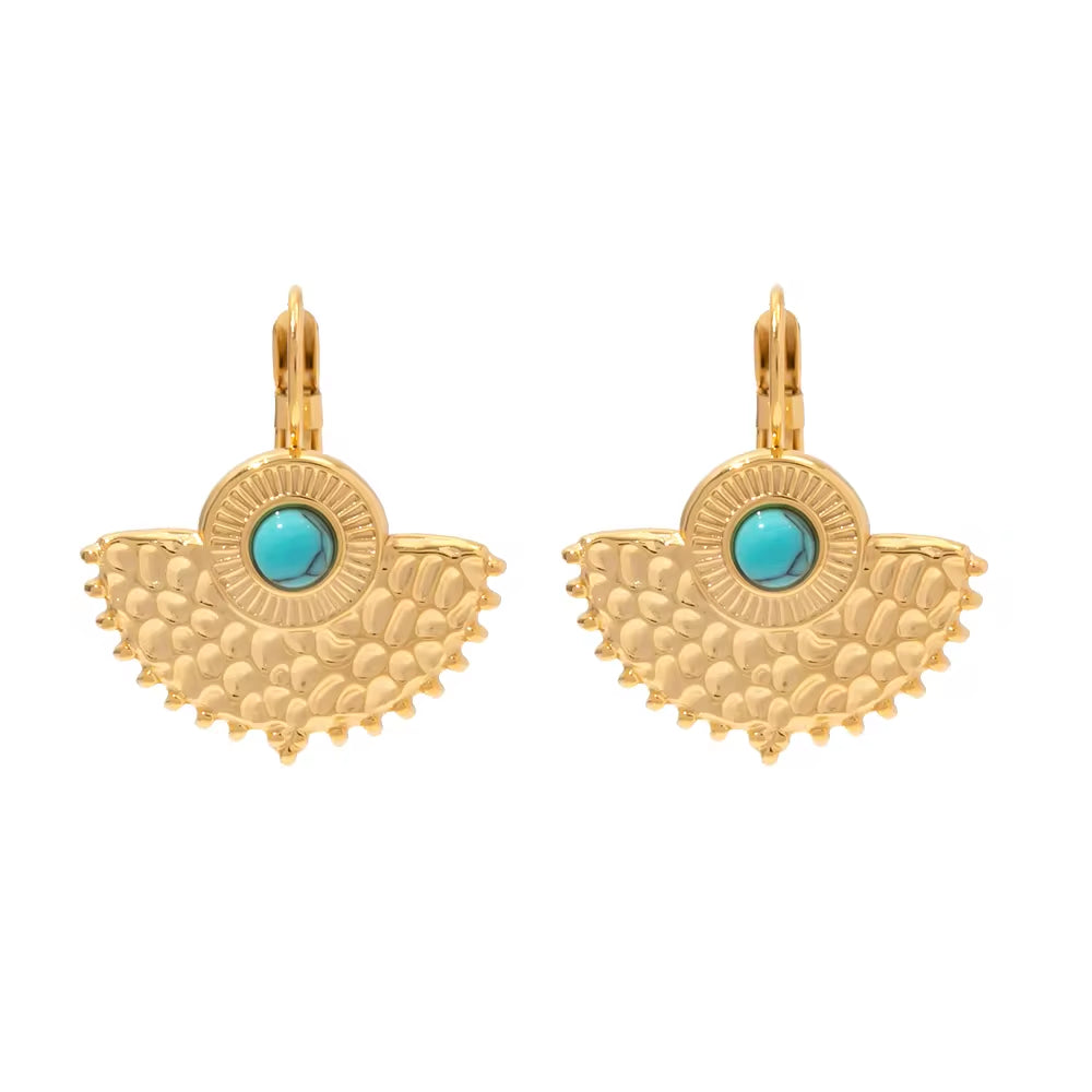 Vintage 18K Gold Plated Turquoise Fan-Shaped Pendant Earrings Gift Jewelry Stone Earrings