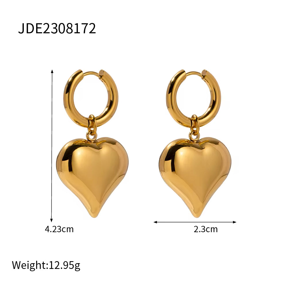 18K Gold Plated Waterproof Stainless Steel Chunky Hoop Huggie Heart Shape Pendant Earring Women