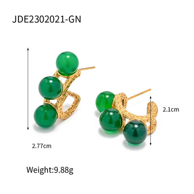 Retro Jade Natural Stone Zircon CC Hammered Silver 18K Gold Plated Stainless Steel Hoop Earrings Jewelry