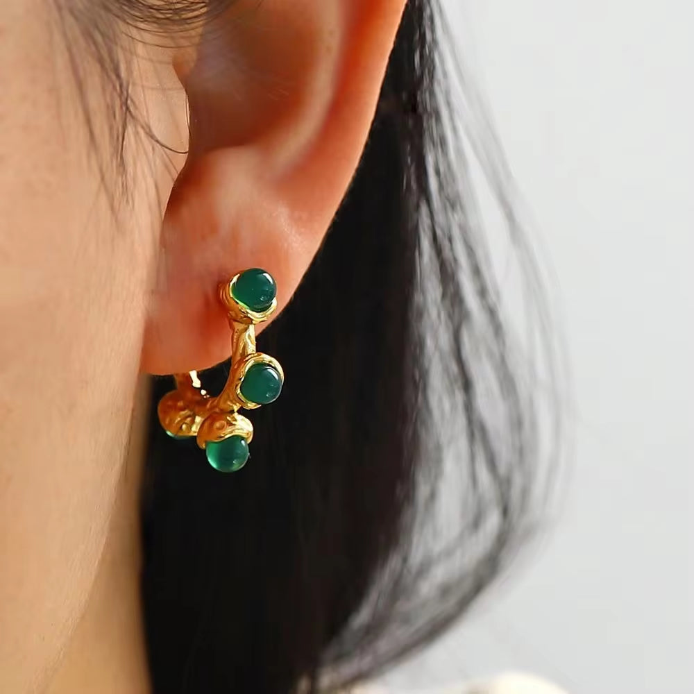 Retro Jade Natural Stone Zircon CC Hammered Silver 18K Gold Plated Stainless Steel Hoop Earrings Jewelry