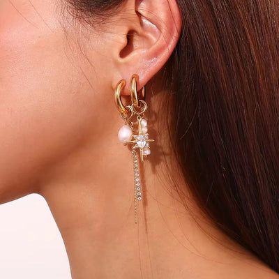 Fresh Water Pearl Zircon Earring North Star Drop Earrings Gold Plated Stainless Steel Jewelry