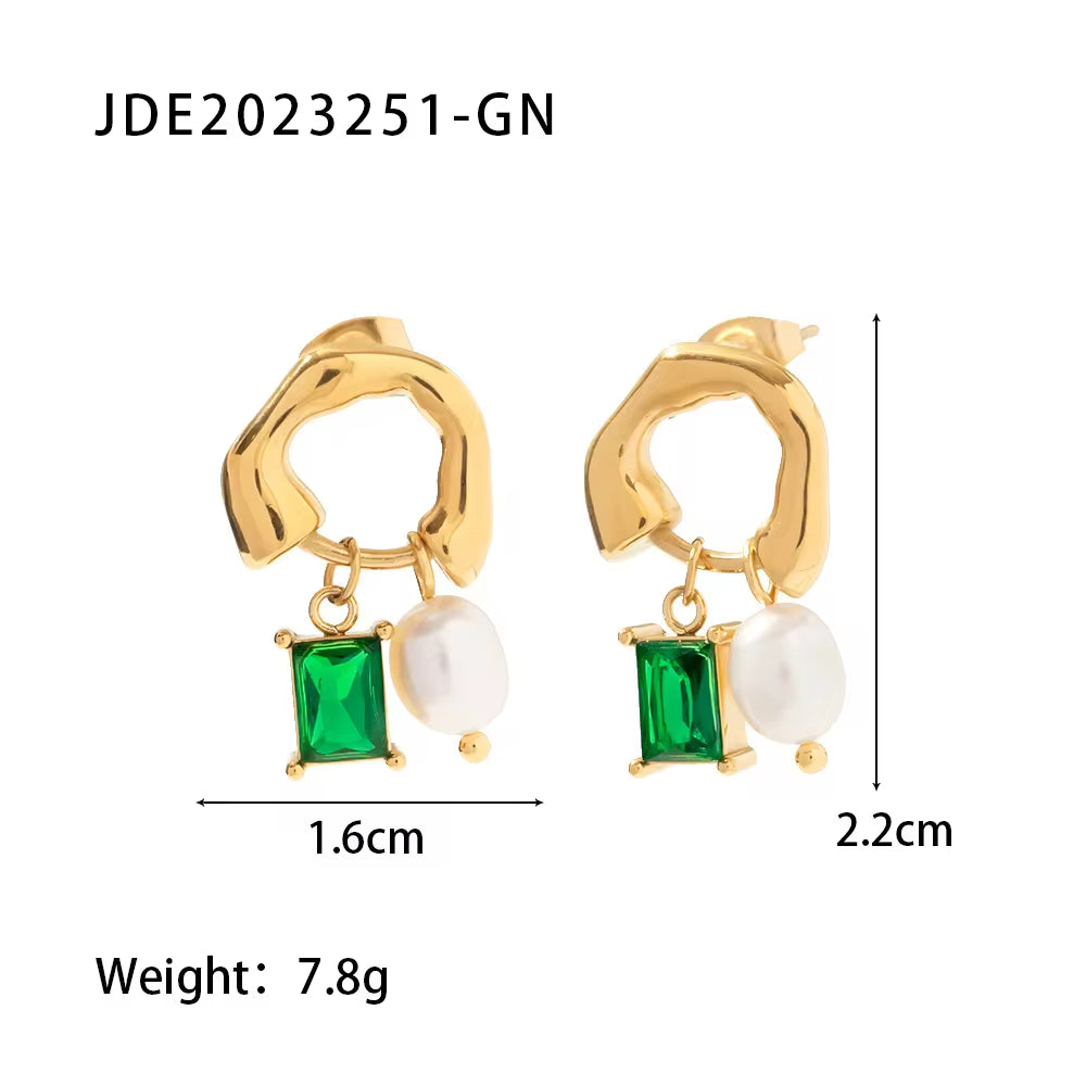 18K Gold Plated Stainless Steel Irregular round Shape Cubic Zirconia Natural Pearl Pendant Earrings