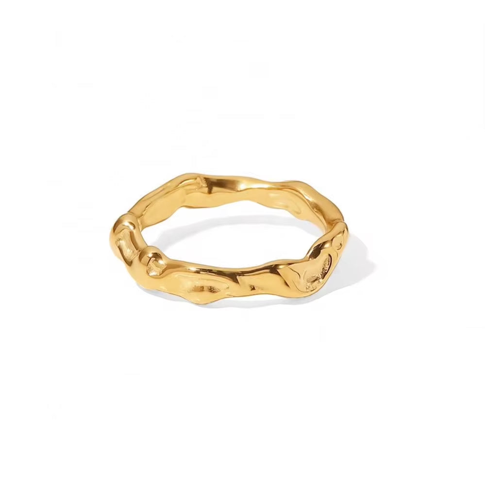 18K Gold Plated Stainless Steel Hammered Texture Irregular High Polished Band Rings for Women