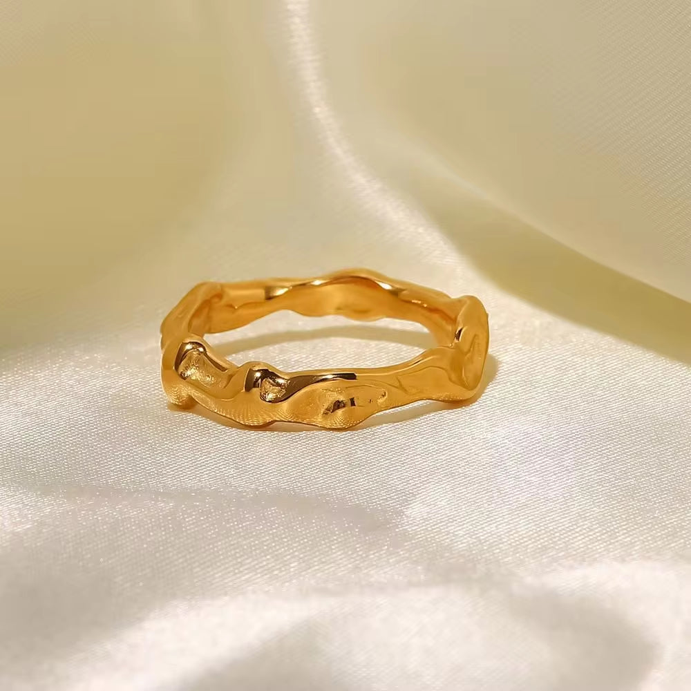 18K Gold Plated Stainless Steel Hammered Texture Irregular High Polished Band Rings for Women