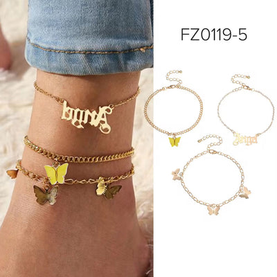 3PCS Set Cuban Link Butterfly Charm Anklet Set Women Chains Foot Jewelry Designer Angle Letter Ankle